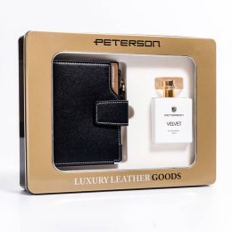 Zestaw prezentowy: skórzany portfel damski na zatrzask i woda perfumowana Velvet — Peterson